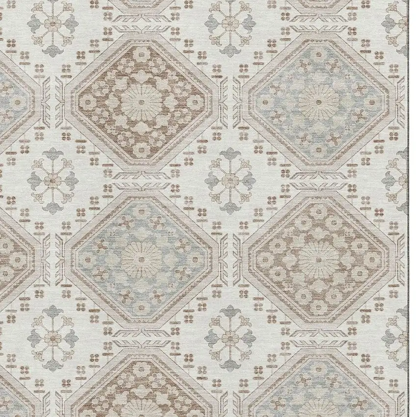 Ivory Brown And Gray Floral Washable Area Rug With UV Protection Photo 2