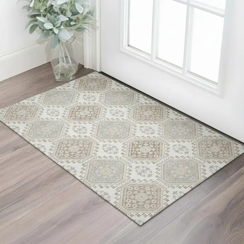 Ivory Brown And Gray Floral Washable Area Rug With UV Protection Photo 2