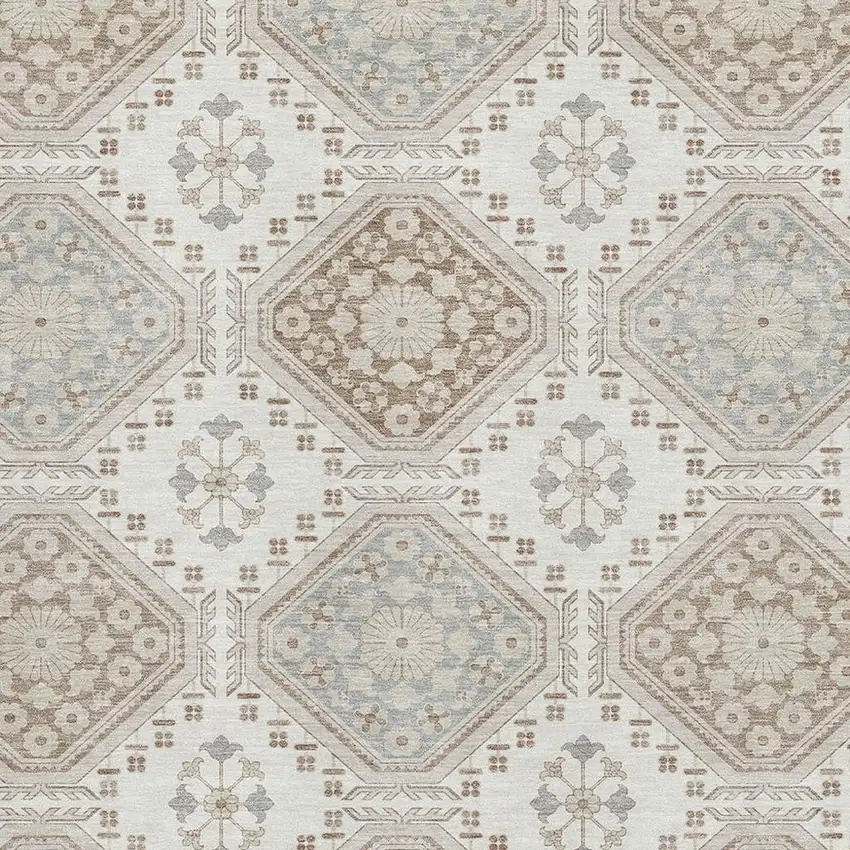 Ivory Brown And Gray Floral Washable Area Rug With UV Protection Photo 2