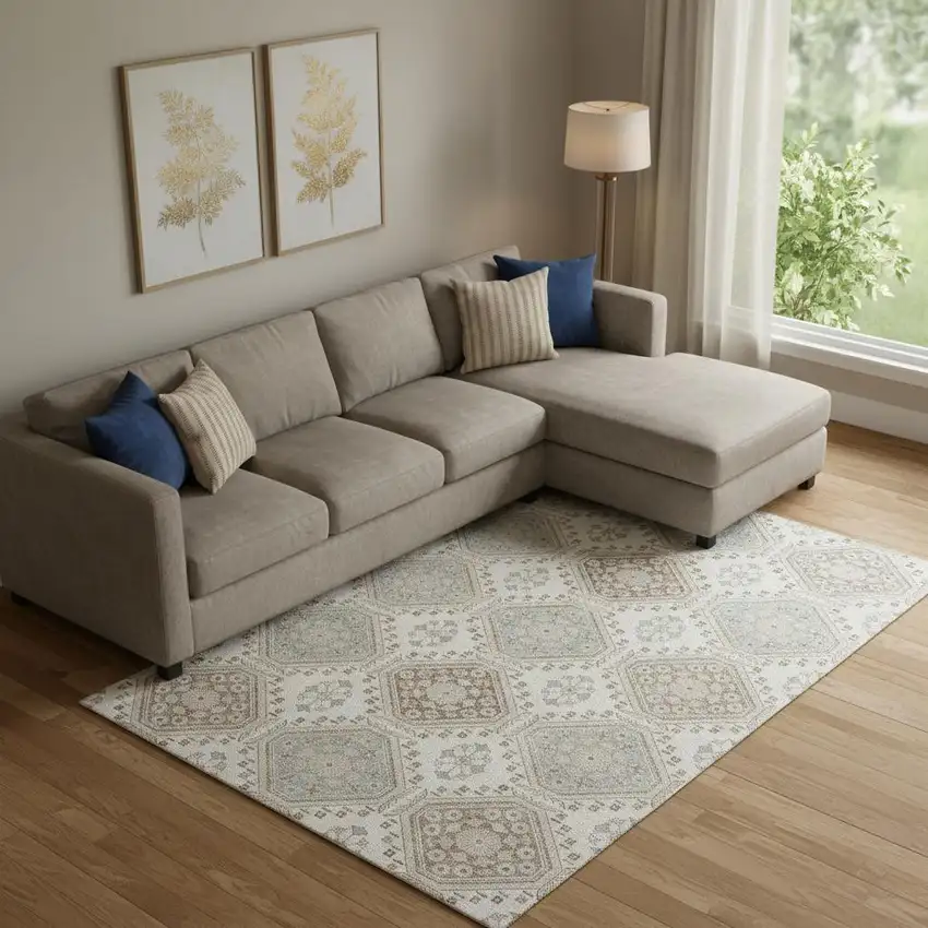 Ivory Brown And Gray Floral Washable Area Rug With UV Protection Photo 2