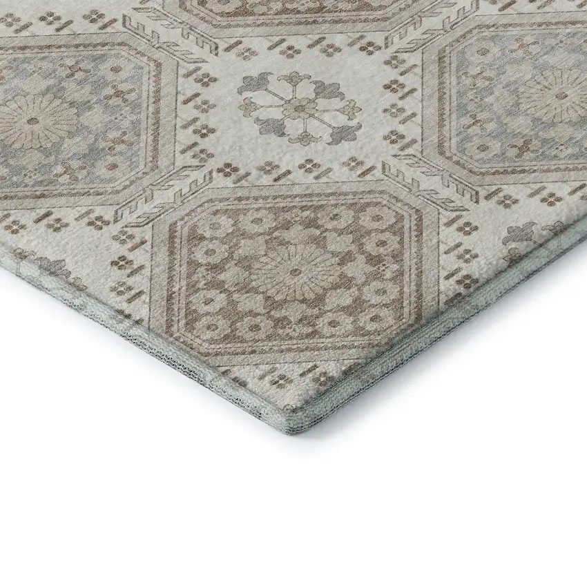 Ivory Brown And Gray Floral Washable Area Rug With UV Protection Photo 7