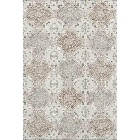 Ivory Brown And Gray Floral Washable Area Rug With UV Protection Photo 1