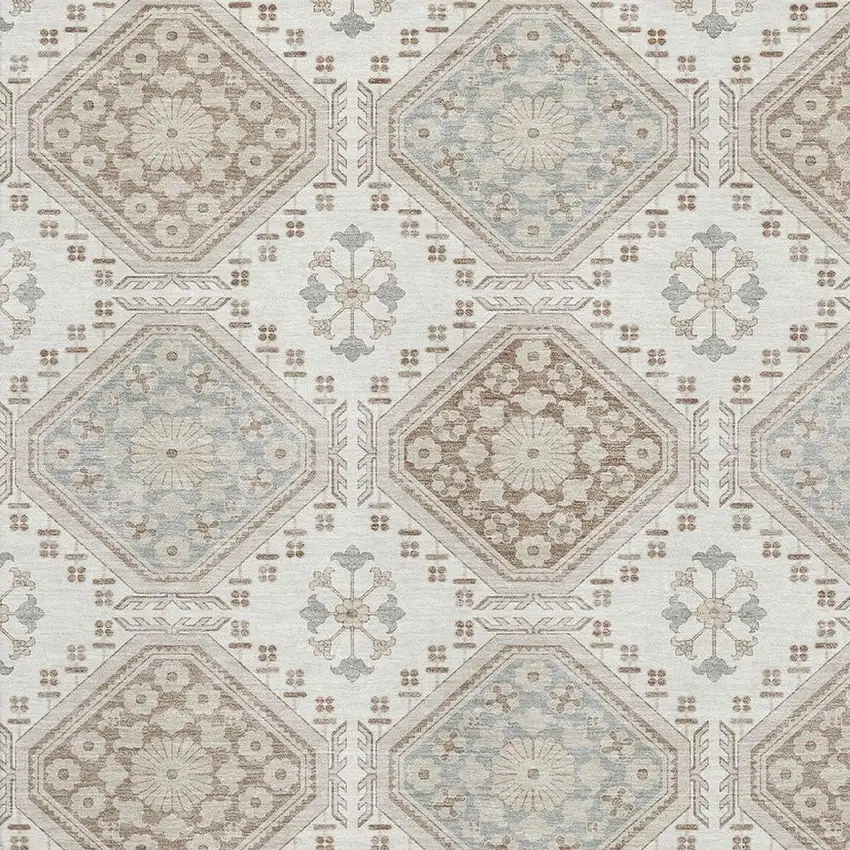 Ivory Brown And Gray Floral Washable Area Rug With UV Protection Photo 2