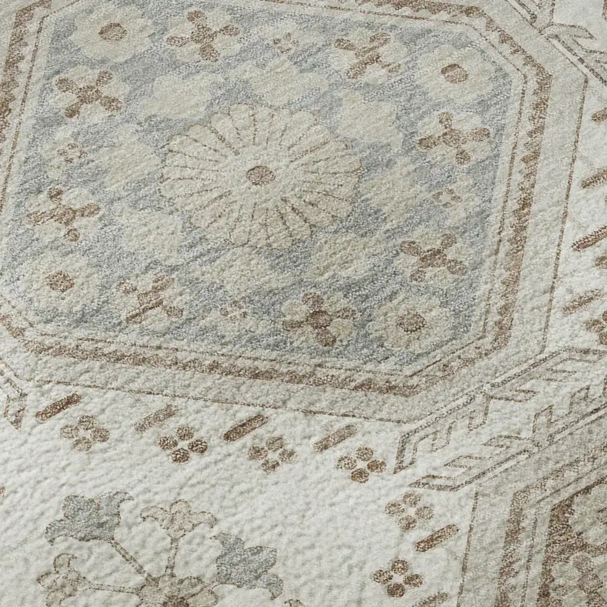 Ivory Brown And Gray Floral Washable Area Rug With UV Protection Photo 9