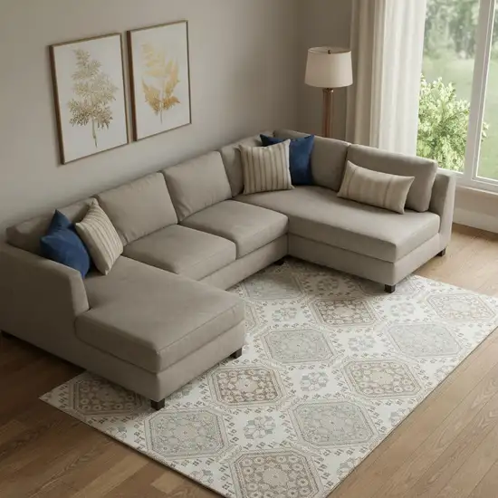 Ivory Brown And Gray Floral Washable Area Rug With UV Protection Photo 2