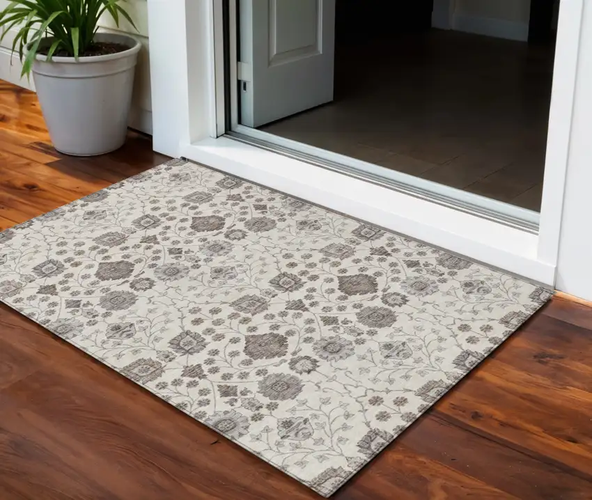 Ivory Brown And Gray Floral Washable Indoor Outdoor Area Rug Photo 1