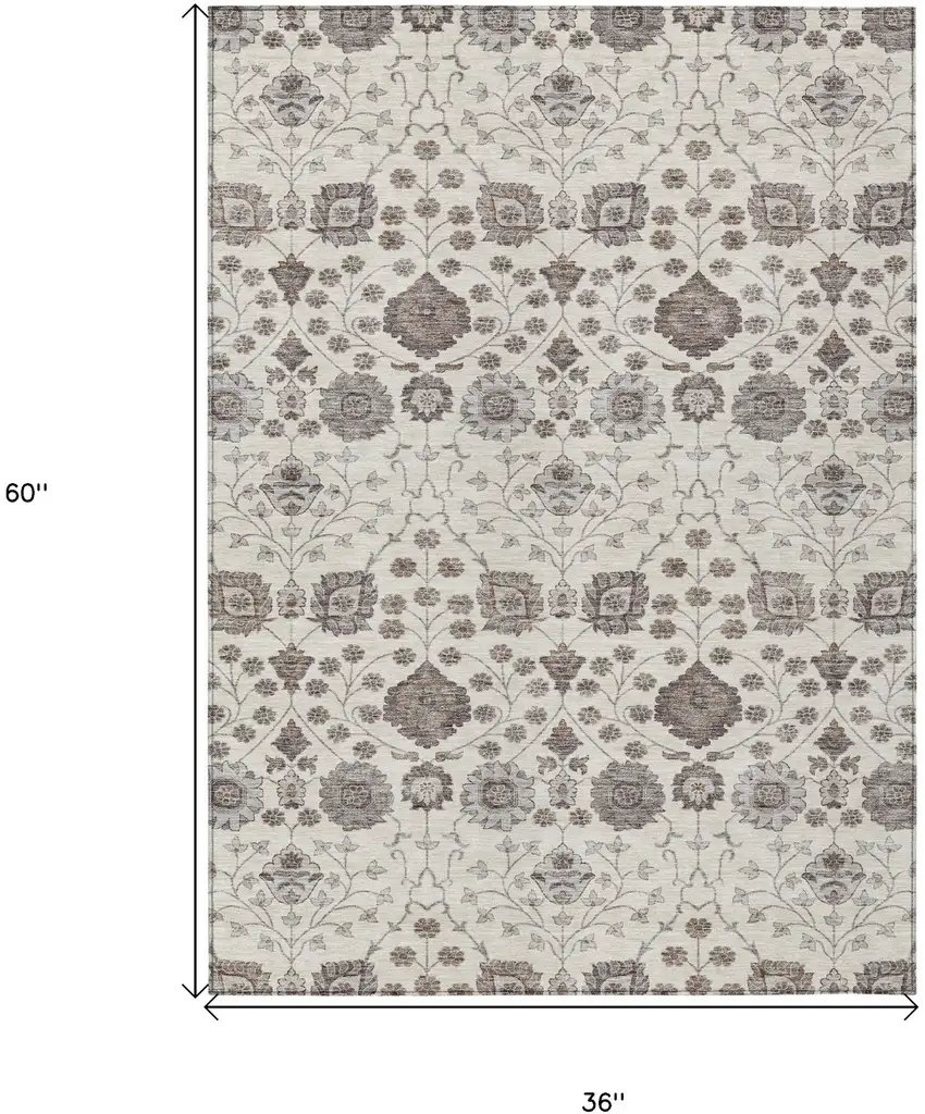 Ivory Brown And Gray Floral Washable Indoor Outdoor Area Rug Photo 7