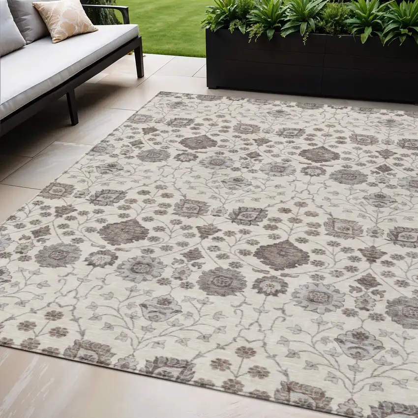 Ivory Brown And Gray Floral Washable Indoor Outdoor Area Rug Photo 1