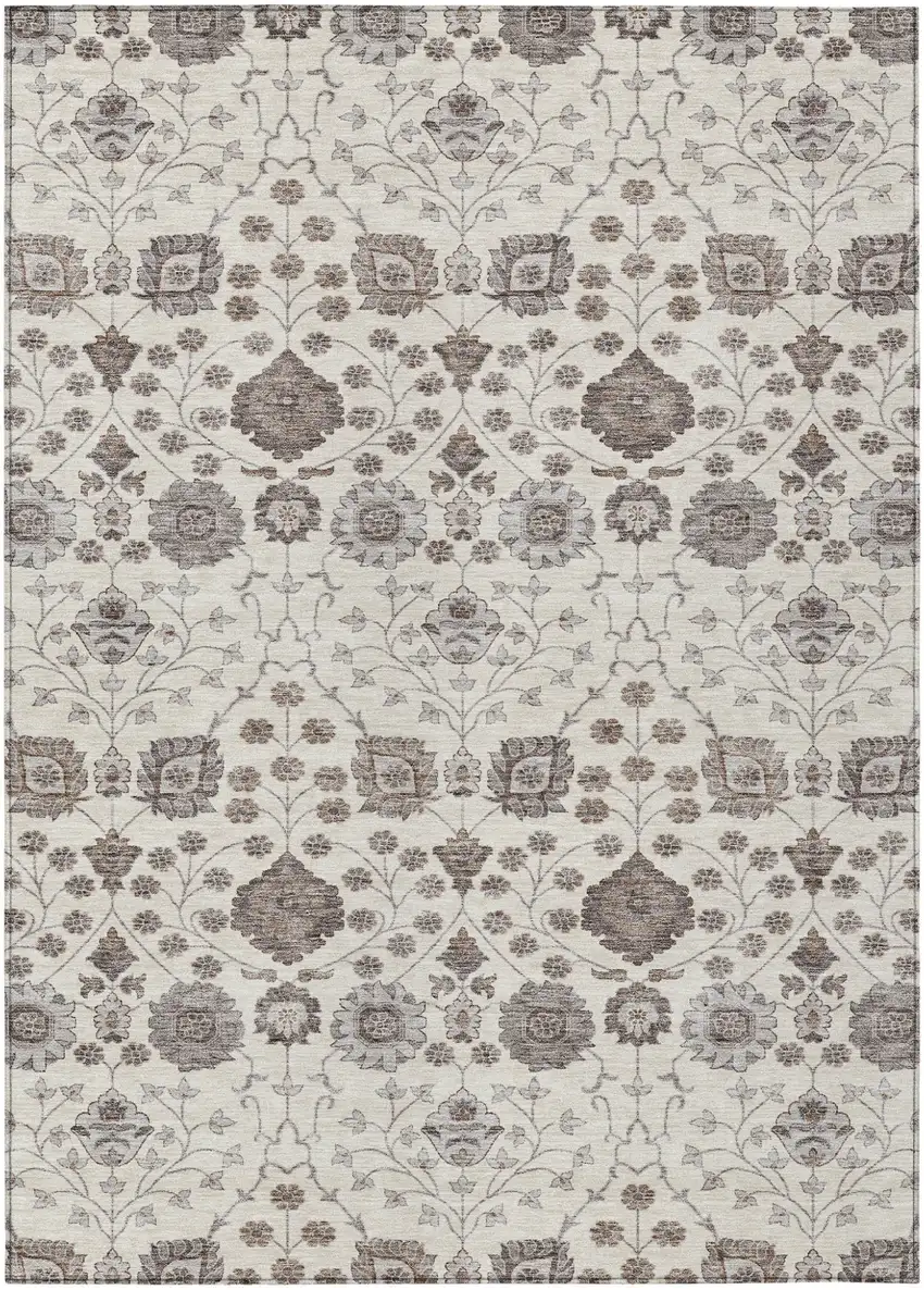 Ivory Brown And Gray Floral Washable Indoor Outdoor Area Rug Photo 2