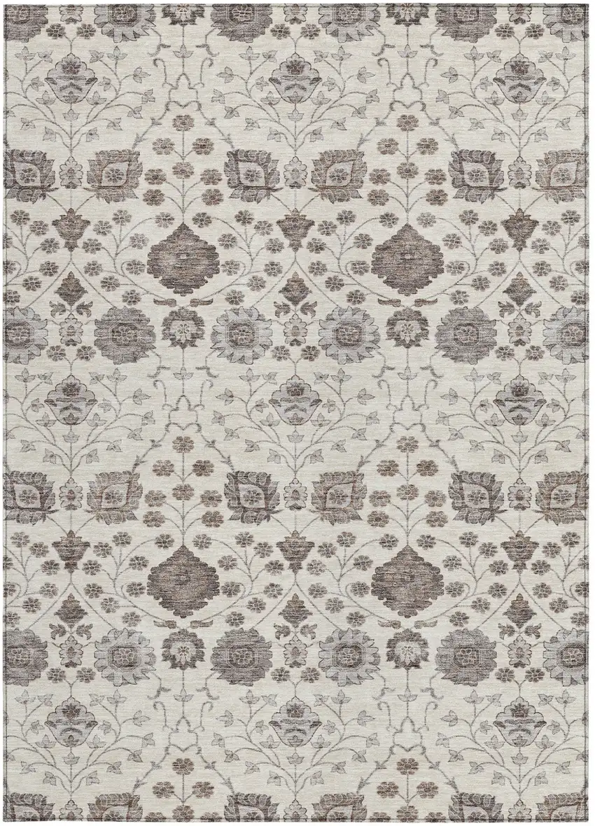 Ivory Brown And Gray Floral Washable Indoor Outdoor Area Rug Photo 6