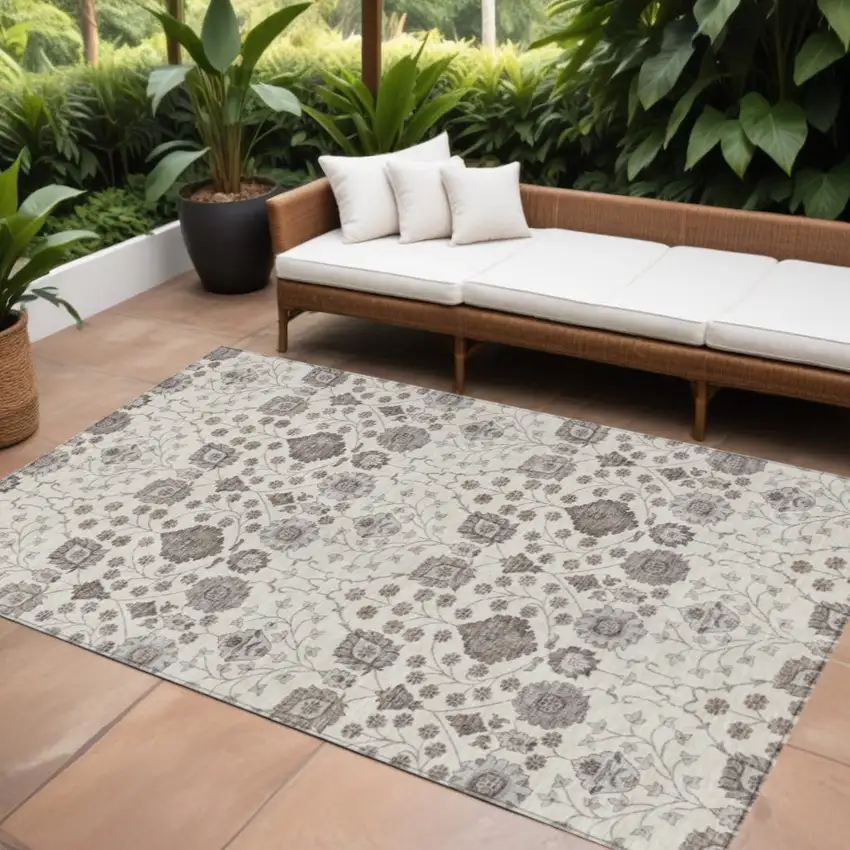 Ivory Brown And Gray Floral Washable Indoor Outdoor Area Rug Photo 1