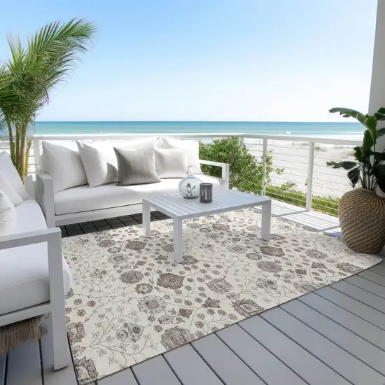 Ivory Brown And Gray Floral Washable Indoor Outdoor Area Rug Photo 7