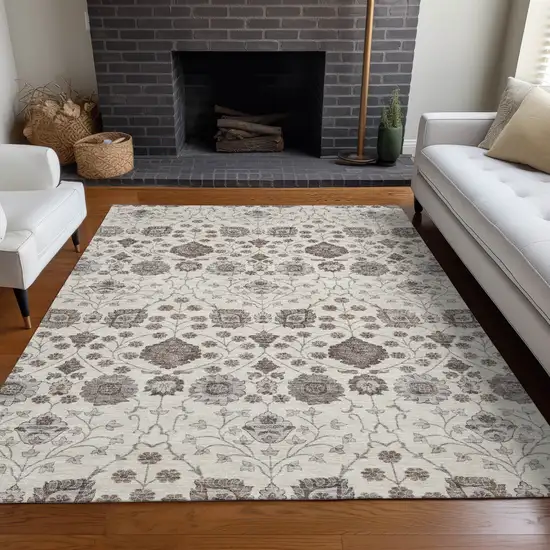 Ivory Brown And Gray Floral Washable Indoor Outdoor Area Rug Photo 9