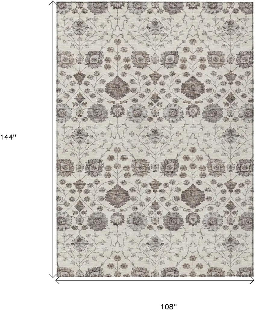 Ivory Brown And Gray Floral Washable Indoor Outdoor Area Rug Photo 7