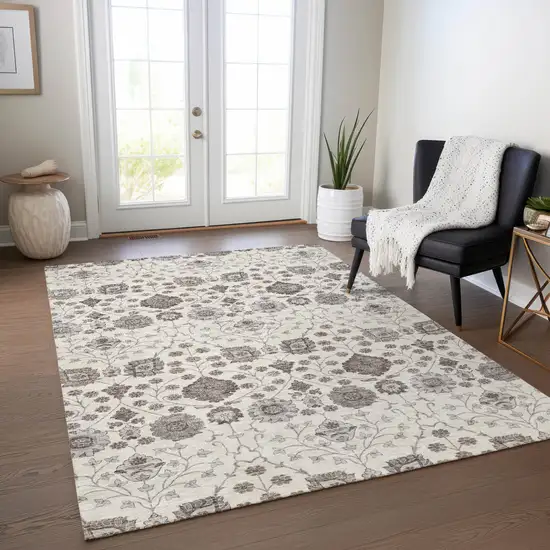 Ivory Brown And Gray Floral Washable Indoor Outdoor Area Rug Photo 8
