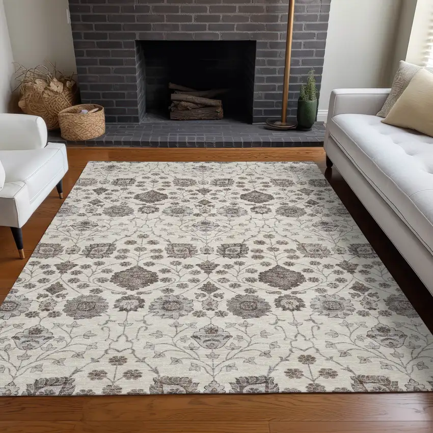 Ivory Brown And Gray Floral Washable Indoor Outdoor Area Rug Photo 9