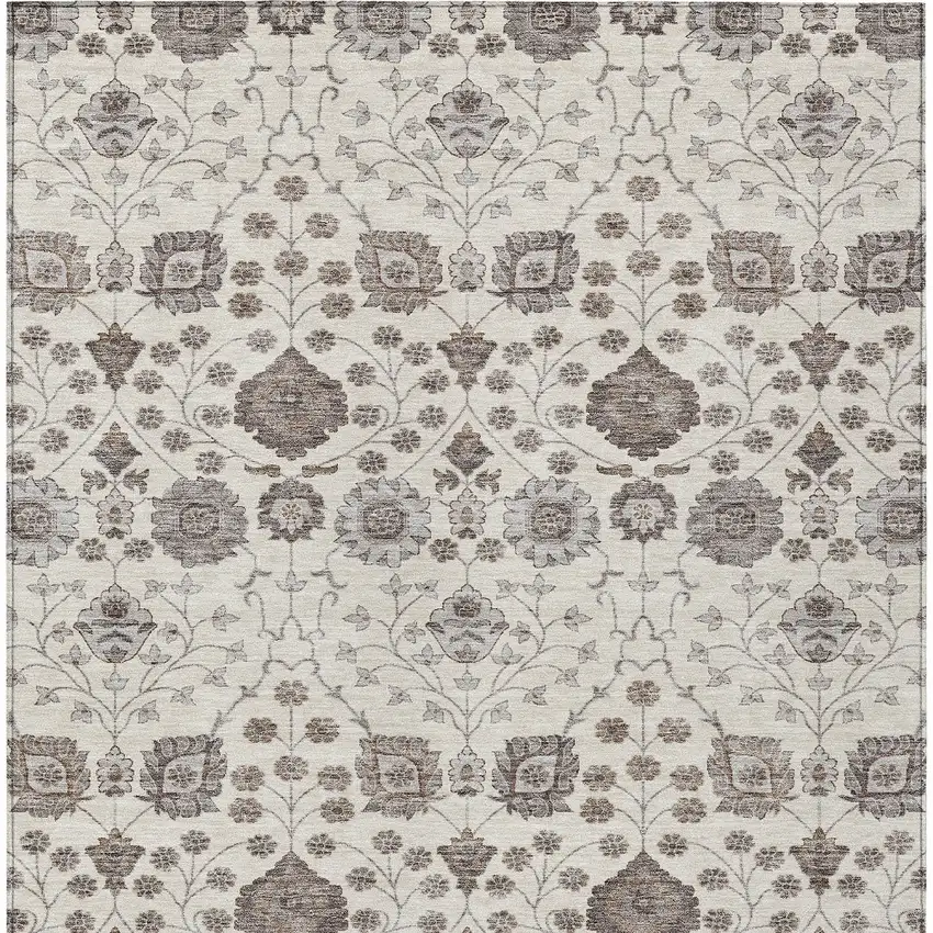 Ivory Brown And Gray Floral Washable Indoor Outdoor Area Rug Photo 3