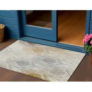 Photo of Ivory Brown And Gray Floral Washable Indoor Outdoor Area Rug