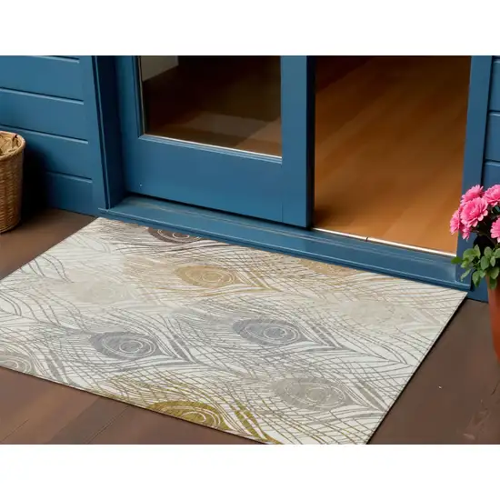 Ivory Brown And Gray Floral Washable Indoor Outdoor Area Rug Photo 1