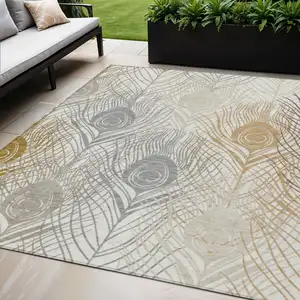 Photo of Ivory Brown And Gray Floral Washable Indoor Outdoor Area Rug