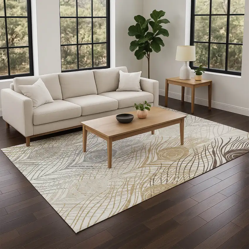 Ivory Brown And Gray Floral Washable Indoor Outdoor Area Rug Photo 8