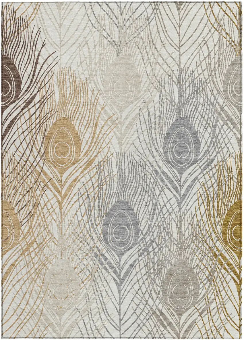 Ivory Brown And Gray Floral Washable Indoor Outdoor Area Rug Photo 4