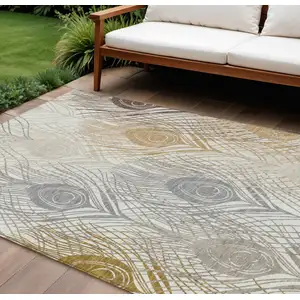 Photo of Ivory Brown And Gray Floral Washable Indoor Outdoor Area Rug