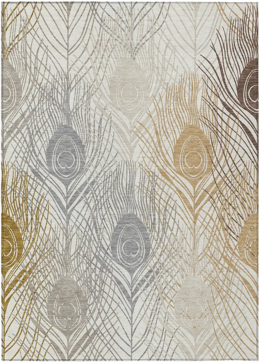 Ivory Brown And Gray Floral Washable Indoor Outdoor Area Rug Photo 2