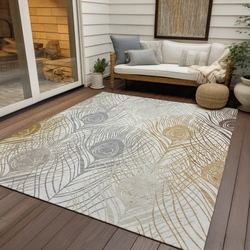Ivory Brown And Gray Floral Washable Indoor Outdoor Area Rug Photo 9