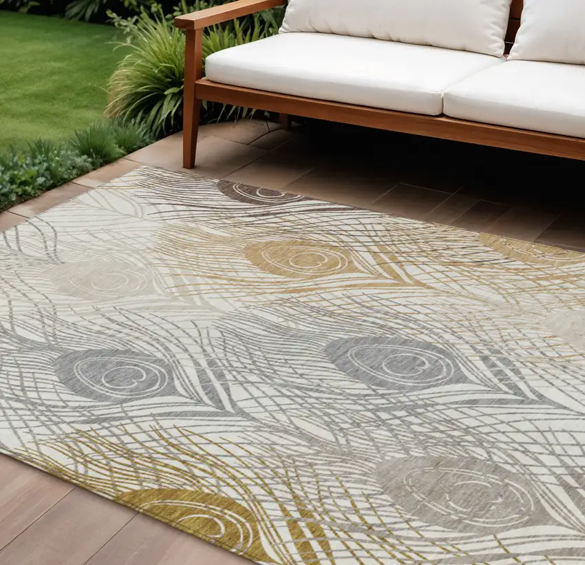 Ivory Brown And Gray Floral Washable Indoor Outdoor Area Rug Photo 1