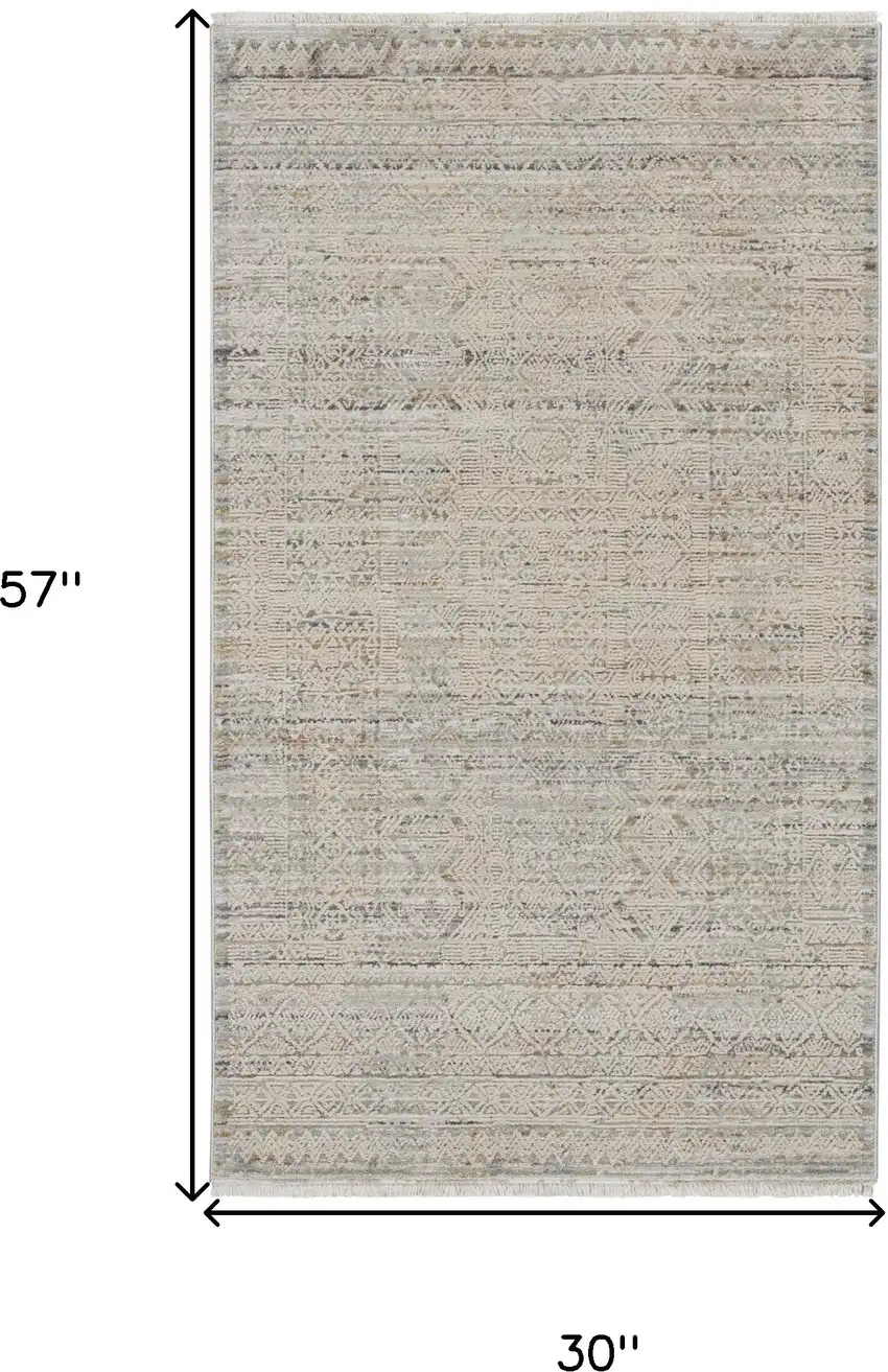 Ivory Brown And Gray Geometric Distressed Area Rug With Fringe Photo 3