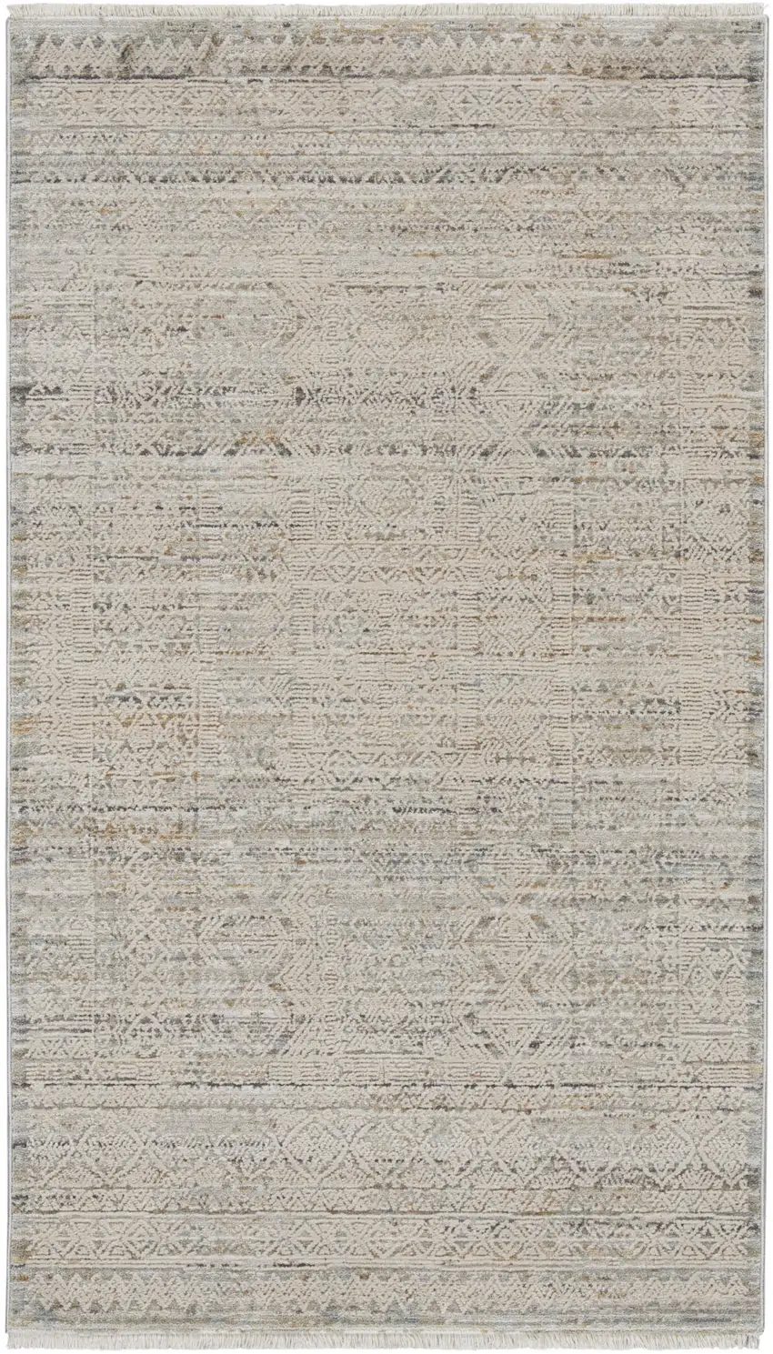Ivory Brown And Gray Geometric Distressed Area Rug With Fringe Photo 2