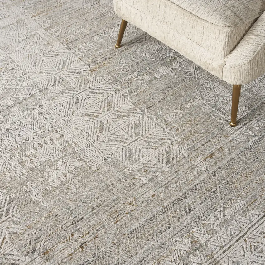 Ivory Brown And Gray Geometric Distressed Area Rug With Fringe Photo 6