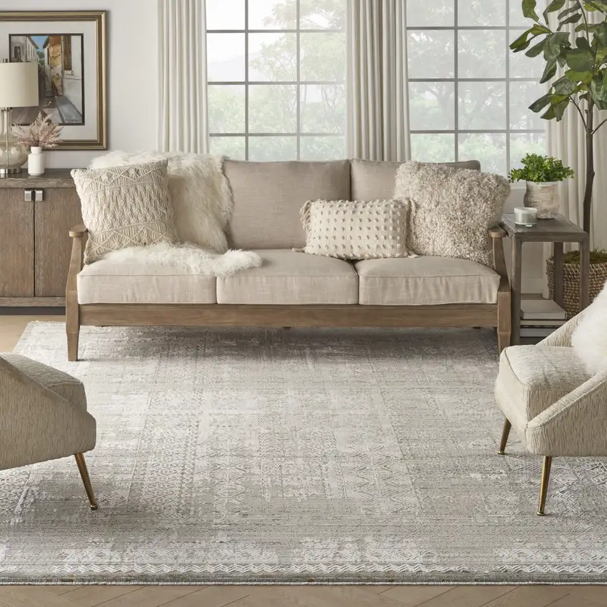 Ivory Brown And Gray Geometric Distressed Area Rug With Fringe Photo 7