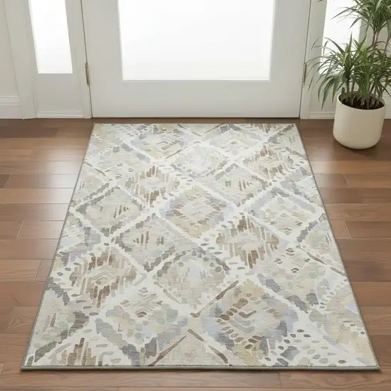 Ivory Brown And Gray Geometric Washable Area Rug With UV Protection Photo 2