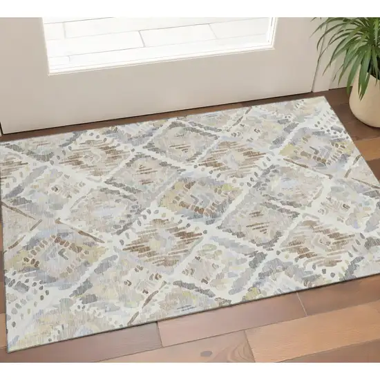 Ivory Brown And Gray Geometric Washable Area Rug With UV Protection Photo 1