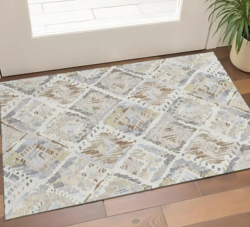 Ivory Brown And Gray Geometric Washable Area Rug With UV Protection Photo 1