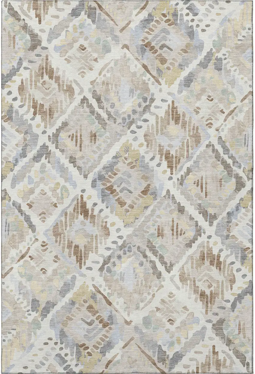 Ivory Brown And Gray Geometric Washable Area Rug With UV Protection Photo 3