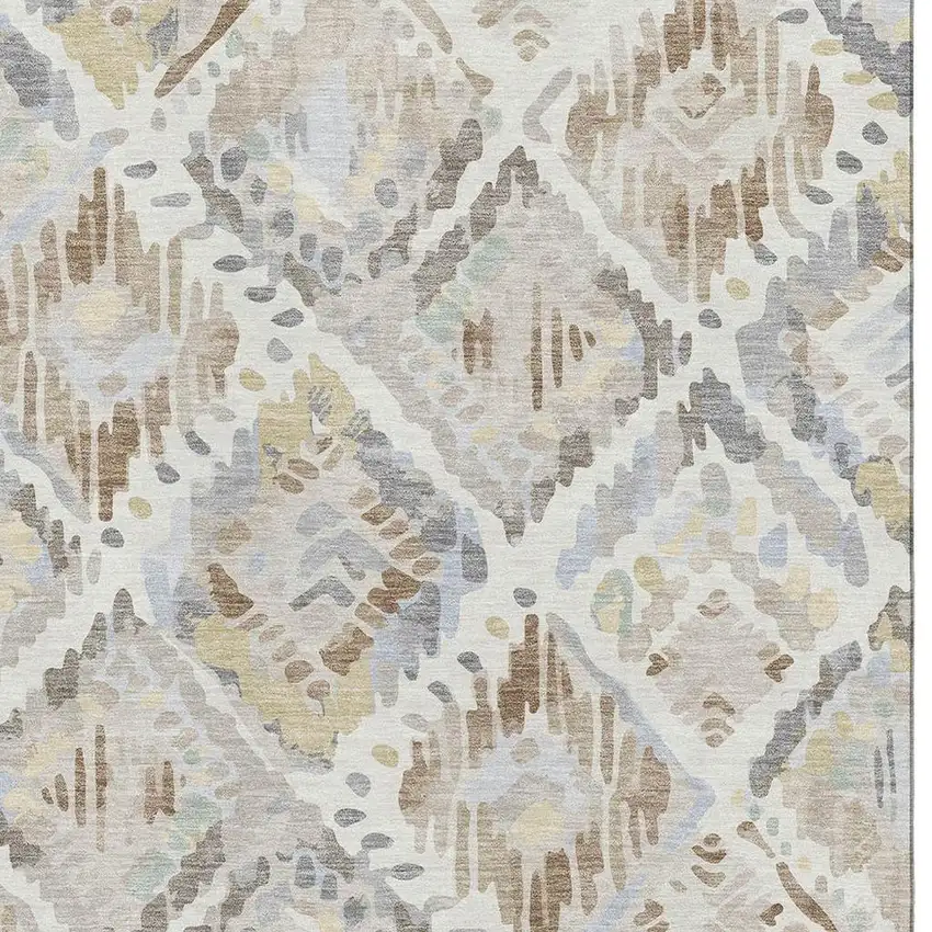 Ivory Brown And Gray Geometric Washable Area Rug With UV Protection Photo 2