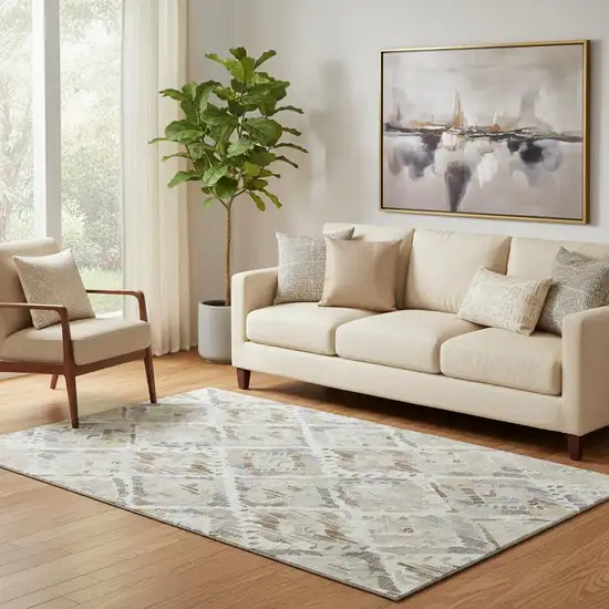 Ivory Brown And Gray Geometric Washable Area Rug With UV Protection Photo 2