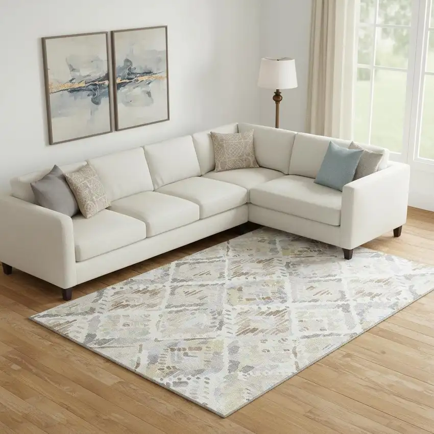 Ivory Brown And Gray Geometric Washable Area Rug With UV Protection Photo 2