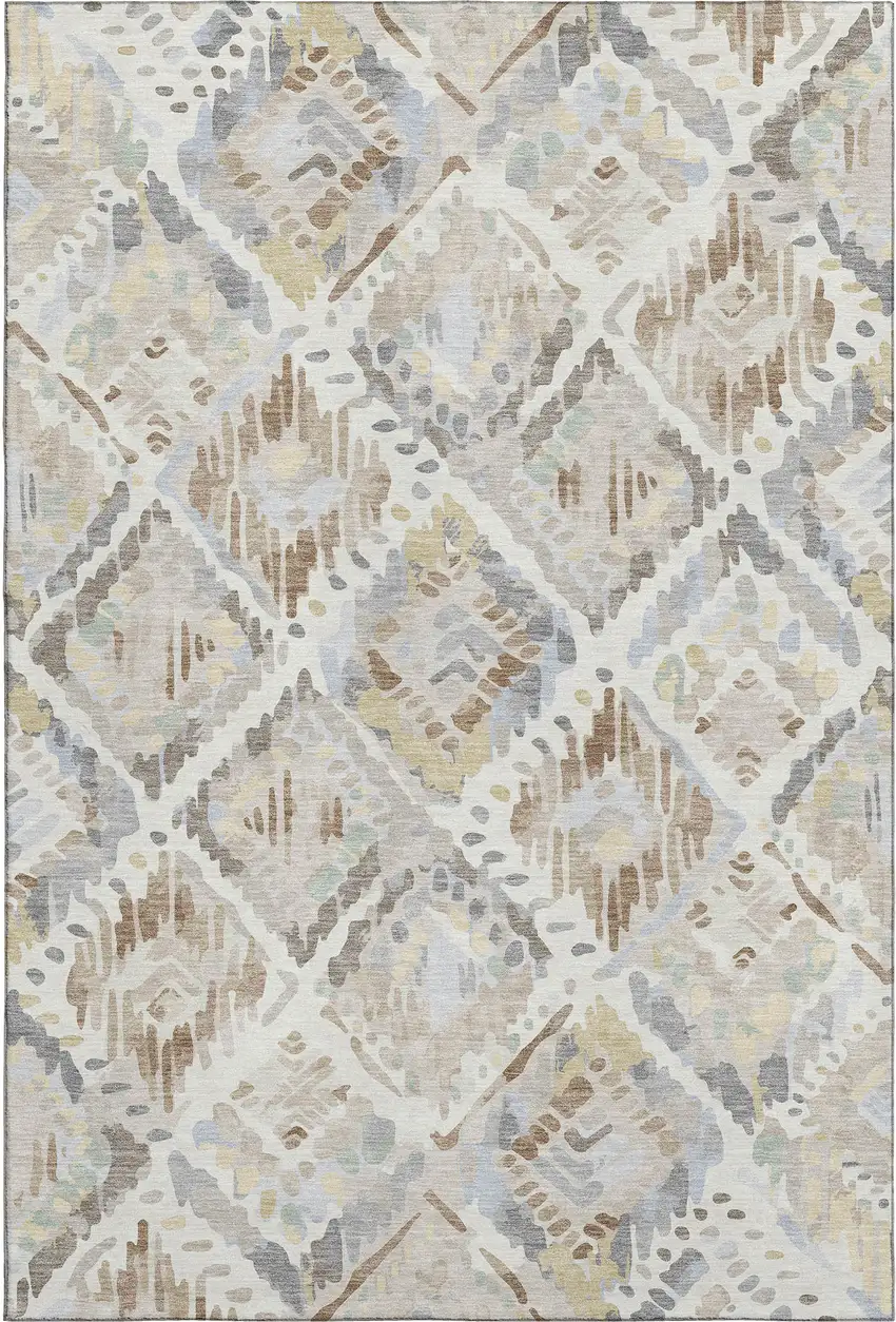 Ivory Brown And Gray Geometric Washable Area Rug With UV Protection Photo 1