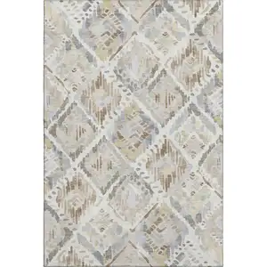 Photo of Ivory Brown And Gray Geometric Washable Area Rug With UV Protection