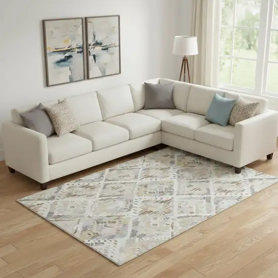 Ivory Brown And Gray Geometric Washable Area Rug With UV Protection Photo 2