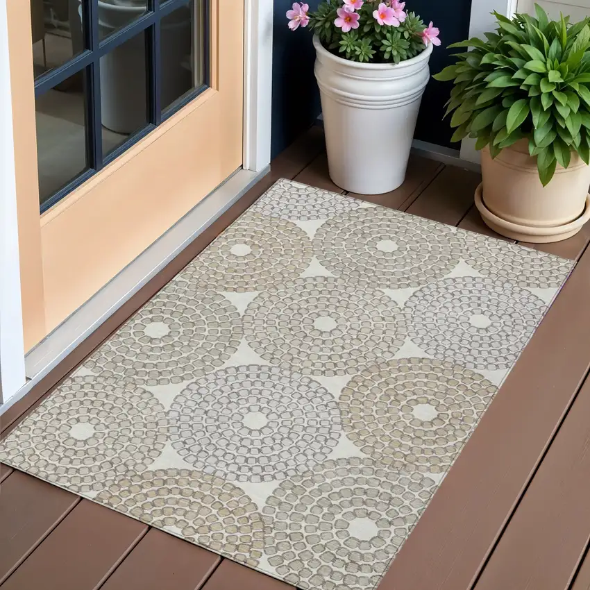 Ivory Brown And Gray Geometric Washable Indoor Outdoor Area Rug Photo 1