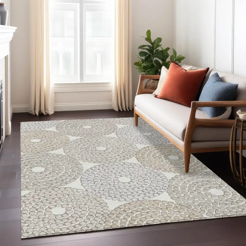 Ivory Brown And Gray Geometric Washable Indoor Outdoor Area Rug Photo 9