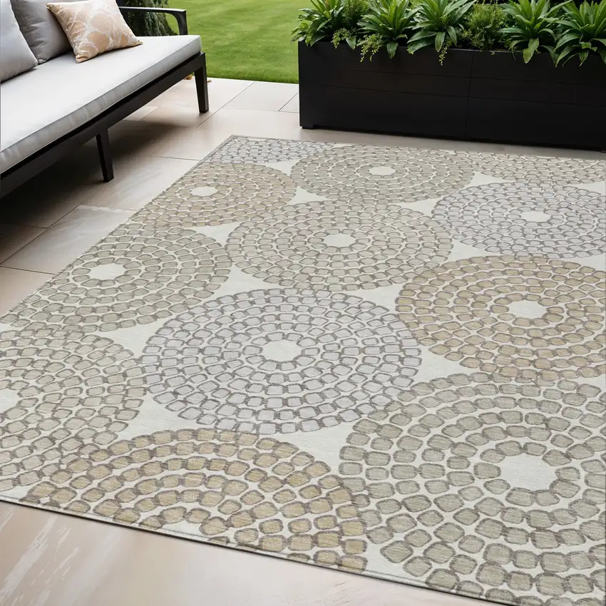 Ivory Brown And Gray Geometric Washable Indoor Outdoor Area Rug Photo 1