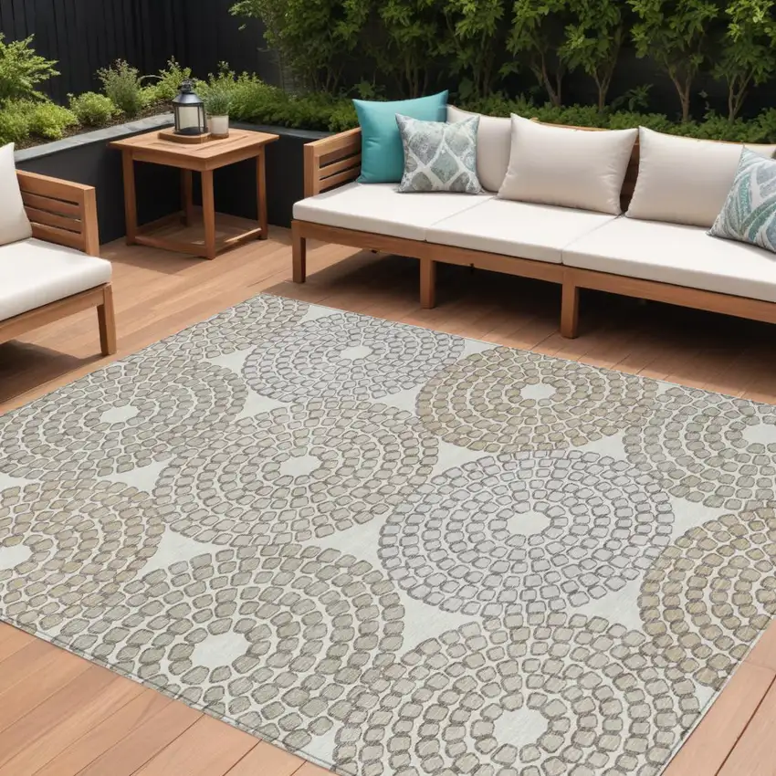Ivory Brown And Gray Geometric Washable Indoor Outdoor Area Rug Photo 1
