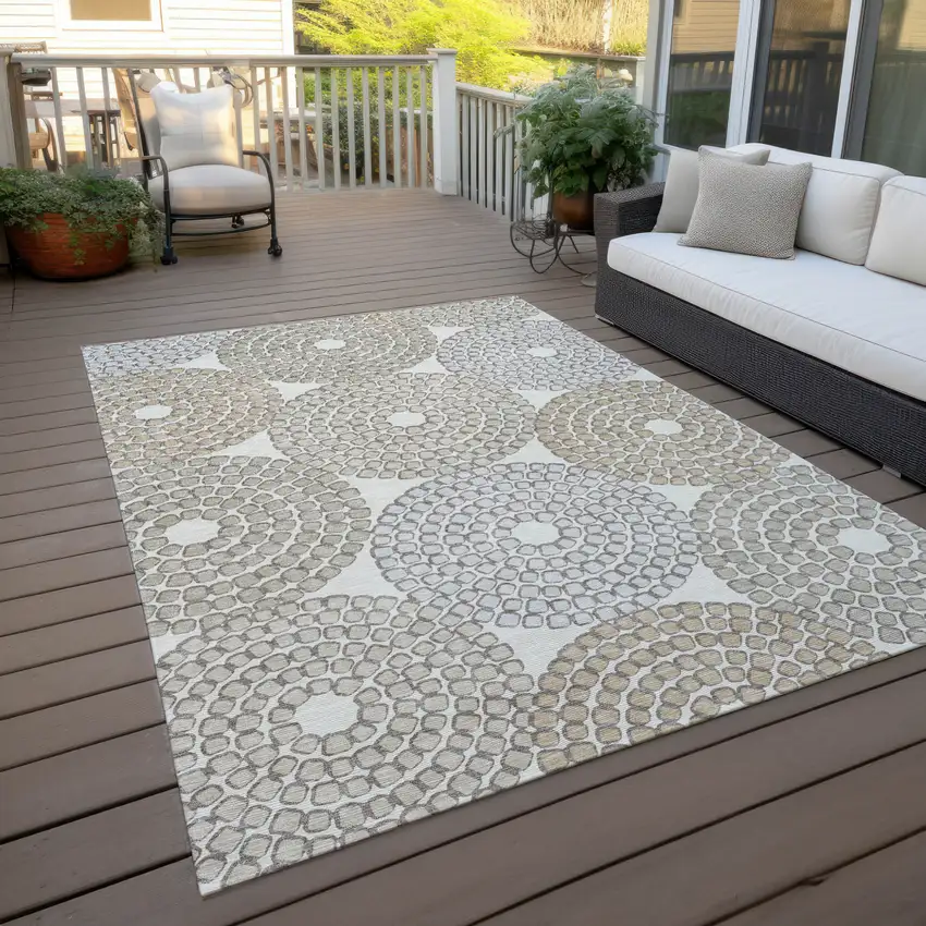 Ivory Brown And Gray Geometric Washable Indoor Outdoor Area Rug Photo 9