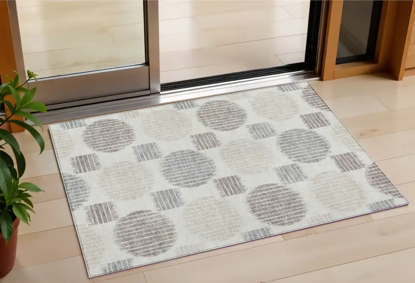 Ivory Brown And Gray Geometric Washable Indoor Outdoor Area Rug Photo 1